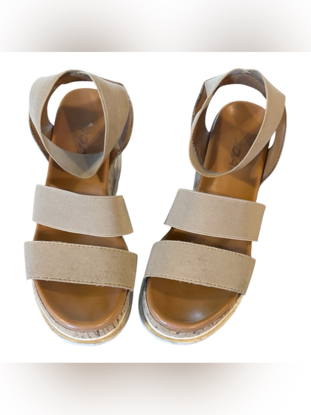 Soda Platform Wedge Sandals Womens Size 6 Beige Elastic Strappy Comfort Shoes